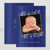 Carte photo de Noël religieuse en bleu marine et o (Devant / Derrière)