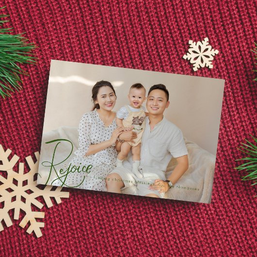 Carte photo de Noël religieuse Rejoice verte