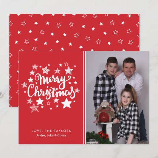 Carte photo de Noël rouge et blanc étoile (Devant / Derrière)