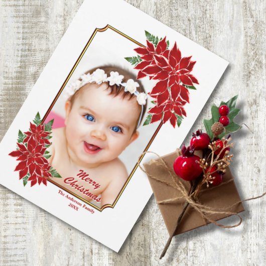 Carte photo de Noël Rouge Poinsettie Bordure blanc