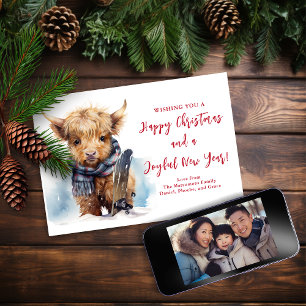 Carte photo de Noël Snowboard Highland Cow
