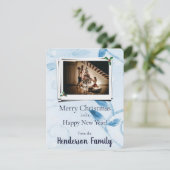 Carte photo de vacances à plat Feuille bleu (Debout devant)