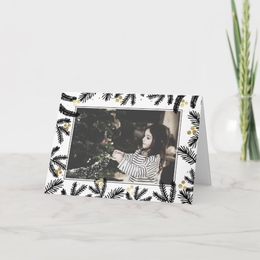 Carte Photo de vacances moderne Black & Gold Pine et Ber (Devant)