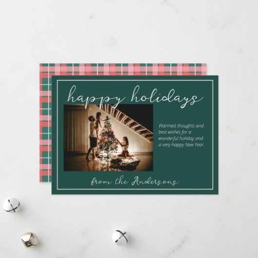 Carte photo de vacances rose et vert plaid (Devant/Arrière en situation)