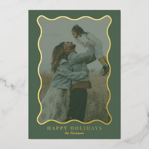 Carte photo de vacances vert et rose or Wavy Frame