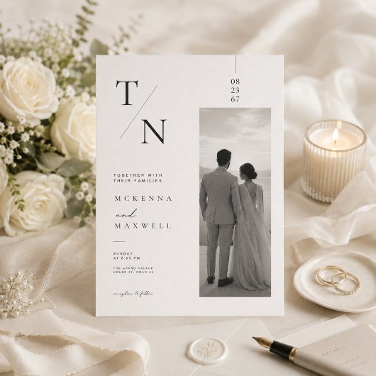 Carte photo d'invitation de mariage à monogramme m