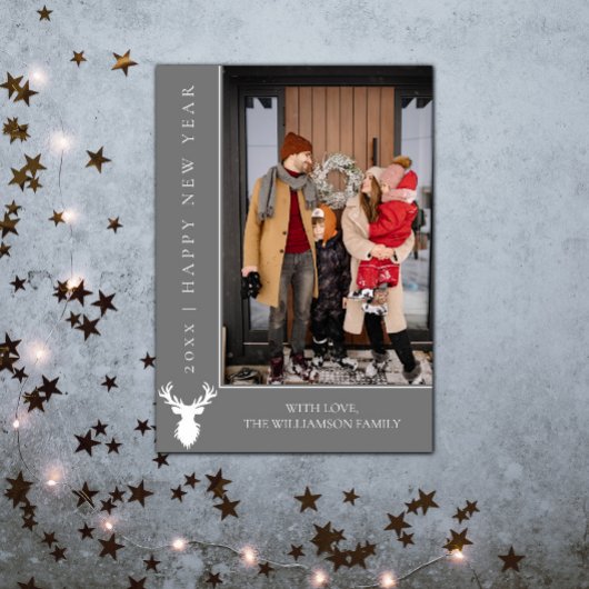Carte photo du Nouvel An simple Reindeer | Gris