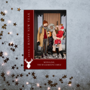 Carte photo du Nouvel An simple Reindeer Rouge