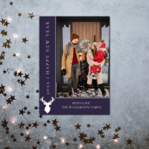 Carte photo du Nouvel An simple Reindeer Violet