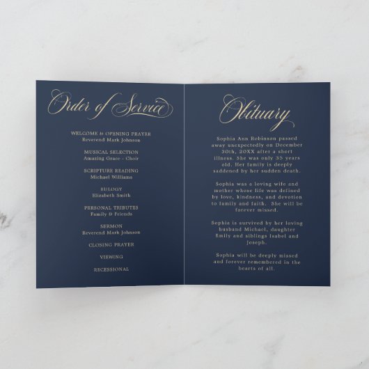 Carte Photo Elegant Blue Gold Script Funeral Program (Intérieur)
