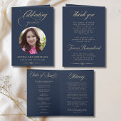 Carte Photo Elegant Blue Gold Script Funeral Program