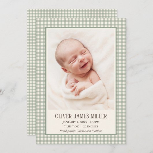 Carte photo Faire-part de naissance bébé En vichy (Devant / Derrière)