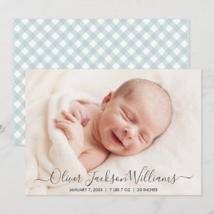 Carte photo Faire-part de naissance bleu En vichy