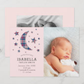Carte photo faire-part de naissance | Étoiles Lune (Devant / Derrière)