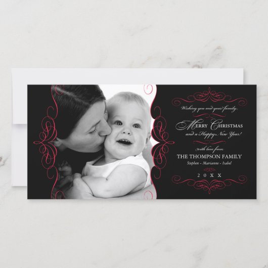 Carte photo Fancy Scroll Black & Red Christmas (Devant)