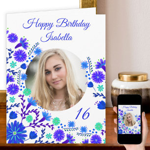Carte Photo Florale mexicaine Fiesta bleu violet Anniver
