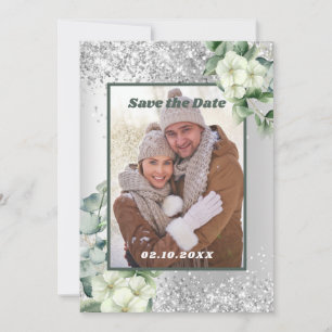Carte Photo florale vert argent Enregistrer le mariage d