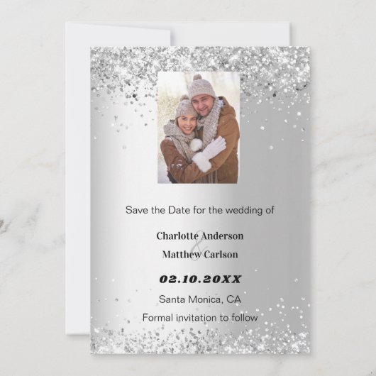 Carte Photo florale vert argent Enregistrer le mariage d (Dos)