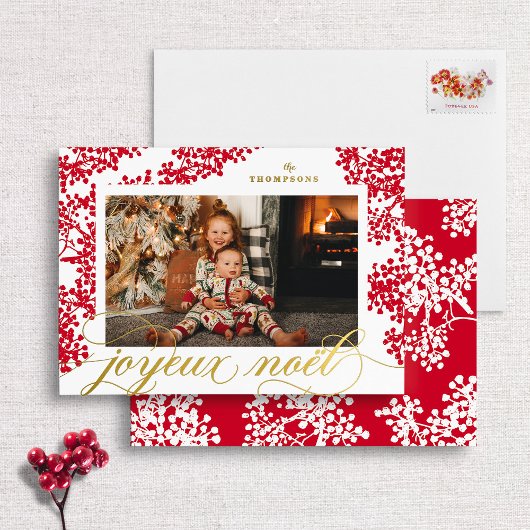 Carte photo Foil Script Joyeux Noel Red Berries
