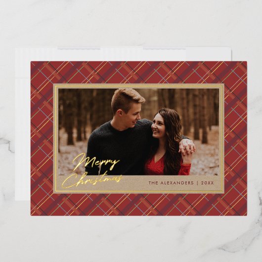 Carte photo Foil Winter Plaid Christmas - Rouge (Enveloppe)