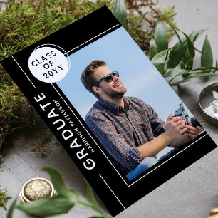 Carte Photo Graduation Party Modern Script noir blanc