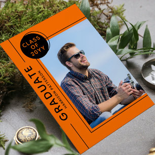Carte Photo Graduation Party Modern Script Orange Noir