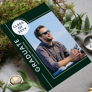 Carte Photo Graduation Party Modern Script Vert Blanc