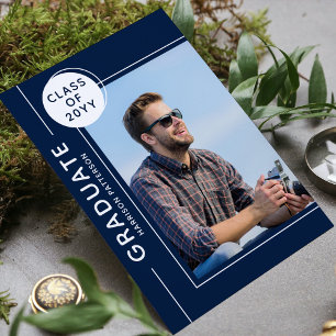 Carte Photo Graduation Party Moderne Script Bleu Blanc