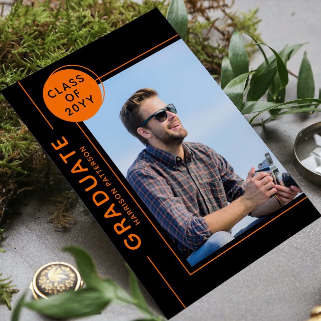 Carte Photo Graduation Party Script moderne Black Orange (Créateur téléchargé)