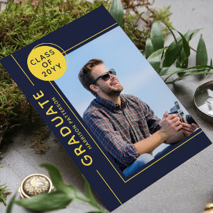 Carte Photo Graduation Party Script moderne bleu jaune