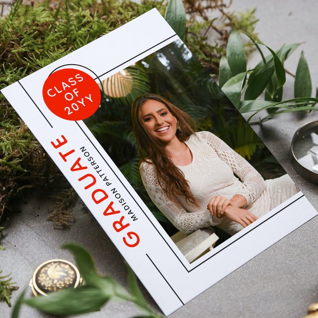 Carte Photo Graduation Party Script moderne Gris rouge (Créateur téléchargé)