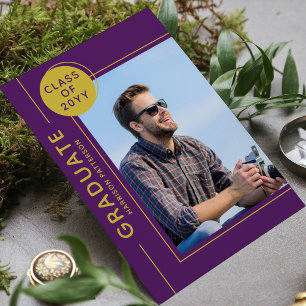 Carte Photo Graduation Party Script moderne Purple Gold