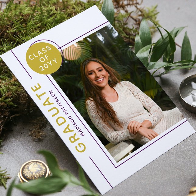 Carte Photo Graduation Party Script moderne Purple Gold (Créateur téléchargé)