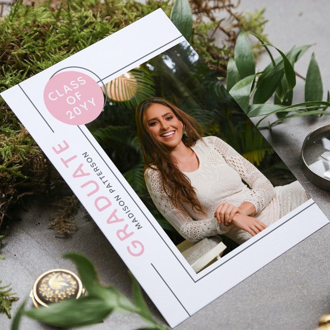 Carte Photo Graduation Party Script moderne rose gris (Créateur téléchargé)