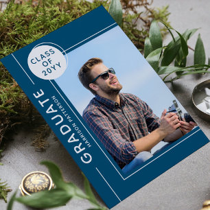 Carte Photo Graduation Party Script moderne Silver Blue