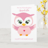 Carte Photo Grandaughter First Birthday Cute Pink Owl (Fleur jaune)