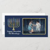 Carte photo Hanoukka "Elegant Menorah Blue" (Devant / Derrière)