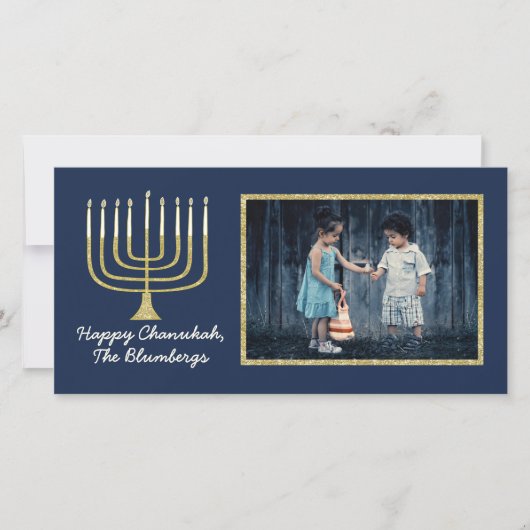 Carte photo Hanoukka "Elegant Menorah Blue" (Devant)