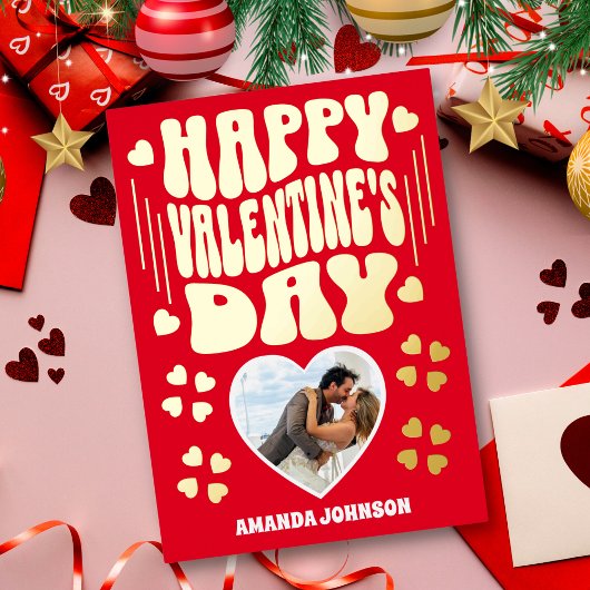 Carte photo Heureuse Sainte-Valentin rétro Gold