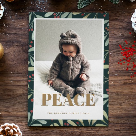 Carte photo Holly Berry Green Gold Peace Christmas