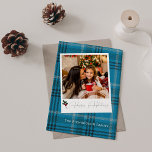 Carte Photo instantanée Plaid Bleu Joyeuses Fêtes<br><div class="desc">Envoyez une Cheer de Noël avec une photo préférée et votre Carte de Vacances Happy Photo Instant Plaid Bleu.</div>
