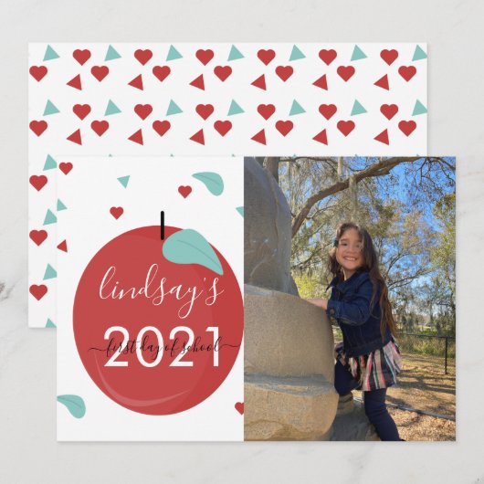 Carte photo Jour de rentrée Apple Rouge Script (Devant / Derrière)