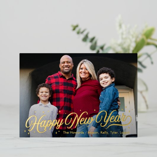 Carte Photo Joyeuse Année avec Reflet Intemporel (Debout devant)