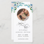 Carte Photo, Mariage Floral Bleu Enregistrer La Date Sig (Devant / Derrière)