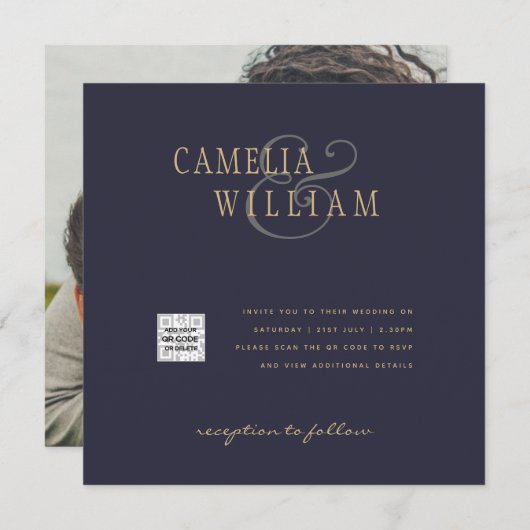 Carte PHOTO Mariage Inviter QR Code Enregistrer Date BLU (Devant / Derrière)