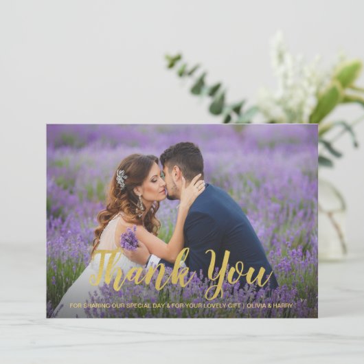 Carte photo mariage Merci | Script Gold (Debout devant)