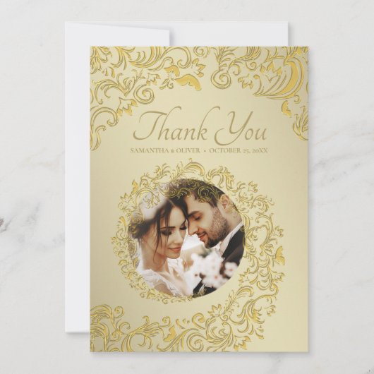 Carte photo Merci Gold Mariage damassé (Devant)