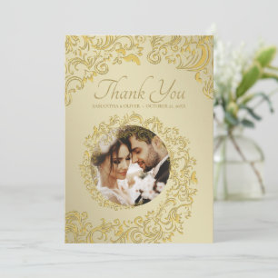 Carte photo Merci Gold Mariage damassé