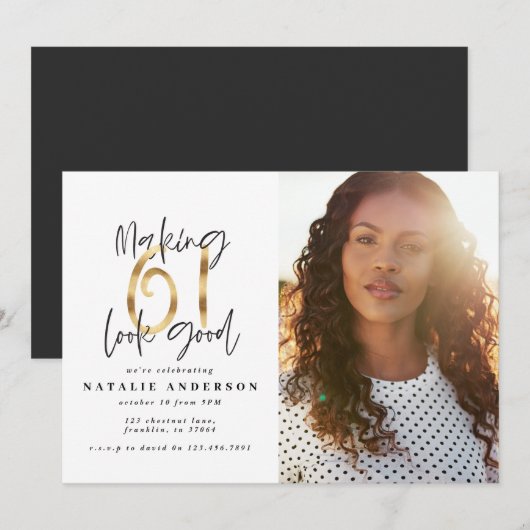 Carte Photo moderne 61e anniversaire noir et or (Devant / Derrière)