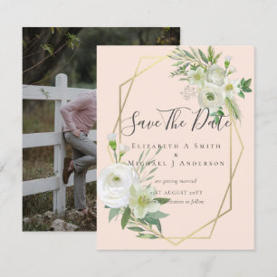 Carte Photo moderne Enregistrer Dates Blanc Floral Feuil